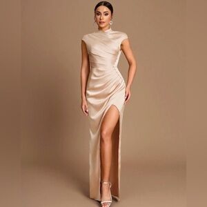 Elegant Champagne Satin High-Slit Dress